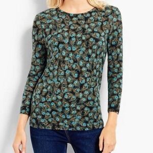Talbots Pure 100% Cashmere Sweater Peacock Feather Print Blue Green Size Large